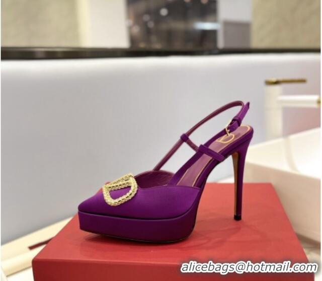 Most Popular Valentino Crystal VLogo Satin Platform Slingback Pumps 12cm Purple 426137