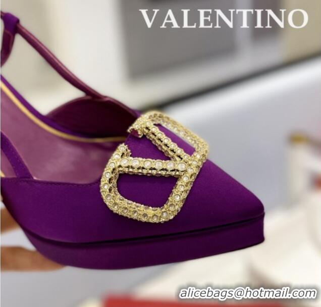 Most Popular Valentino Crystal VLogo Satin Platform Slingback Pumps 12cm Purple 426137