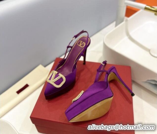 Most Popular Valentino Crystal VLogo Satin Platform Slingback Pumps 12cm Purple 426137