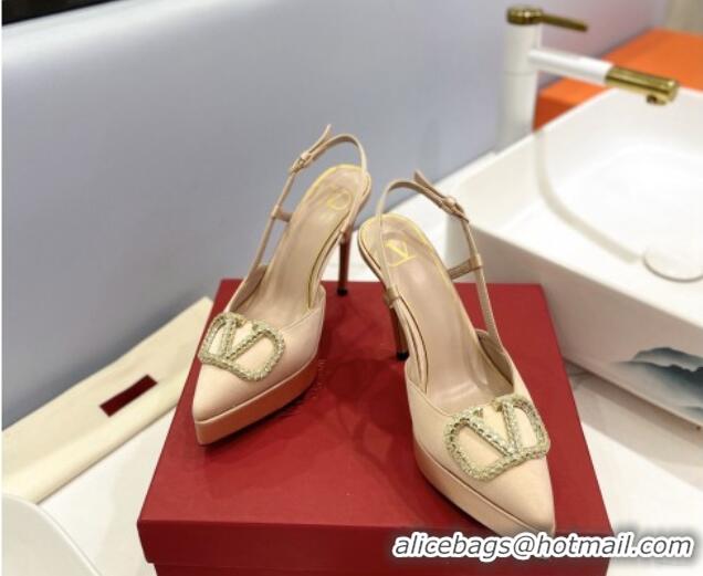 Luxury Valentino Crystal VLogo Satin Platform Slingback Pumps 12cm Beige 426138