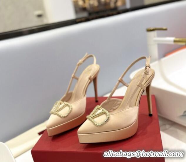 Luxury Valentino Crystal VLogo Satin Platform Slingback Pumps 12cm Beige 426138