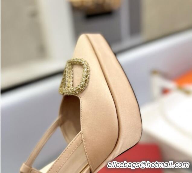 Luxury Valentino Crystal VLogo Satin Platform Slingback Pumps 12cm Beige 426138