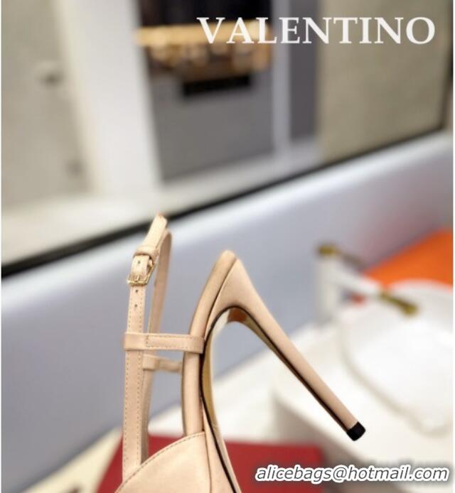 Luxury Valentino Crystal VLogo Satin Platform Slingback Pumps 12cm Beige 426138