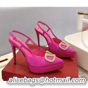 Luxurious Valentino Crystal VLogo Satin Platform Slingback Pumps 12cm Pink 426139