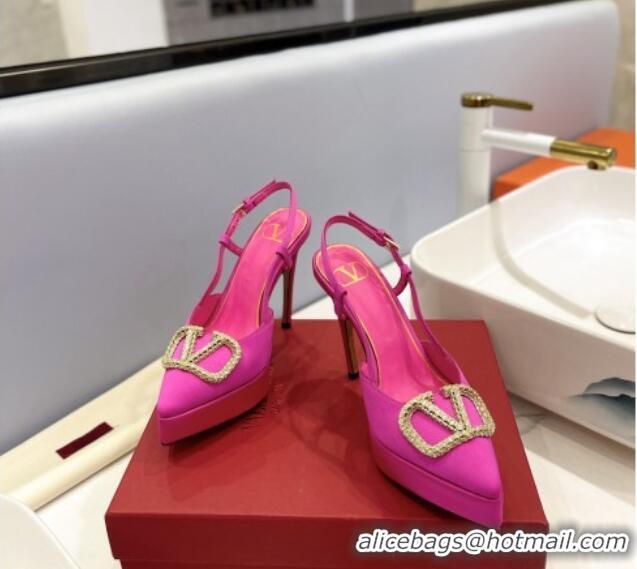 Luxurious Valentino Crystal VLogo Satin Platform Slingback Pumps 12cm Pink 426139