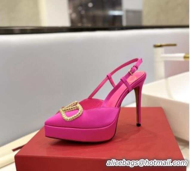 Luxurious Valentino Crystal VLogo Satin Platform Slingback Pumps 12cm Pink 426139