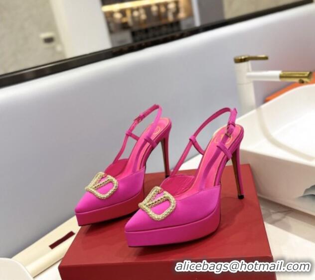 Luxurious Valentino Crystal VLogo Satin Platform Slingback Pumps 12cm Pink 426139