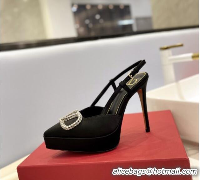 Best Price Valentino Crystal VLogo Satin Platform Slingback Pumps 12cm Black/Silver 426140