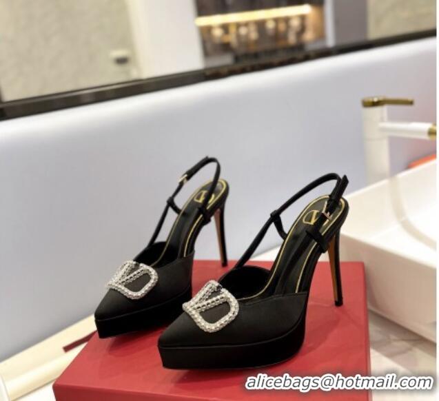 Best Price Valentino Crystal VLogo Satin Platform Slingback Pumps 12cm Black/Silver 426140