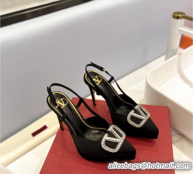 Best Price Valentino Crystal VLogo Satin Platform Slingback Pumps 12cm Black/Silver 426140