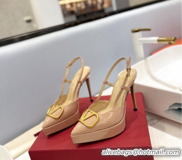 Shop Duplicate Valentino VLogo Platform Slingback Pumps 12cm in Beige Patent Leather 426141