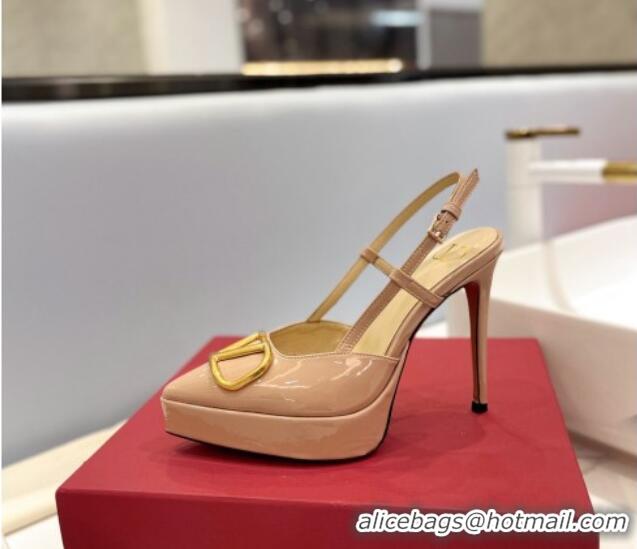 Shop Duplicate Valentino VLogo Platform Slingback Pumps 12cm in Beige Patent Leather 426141