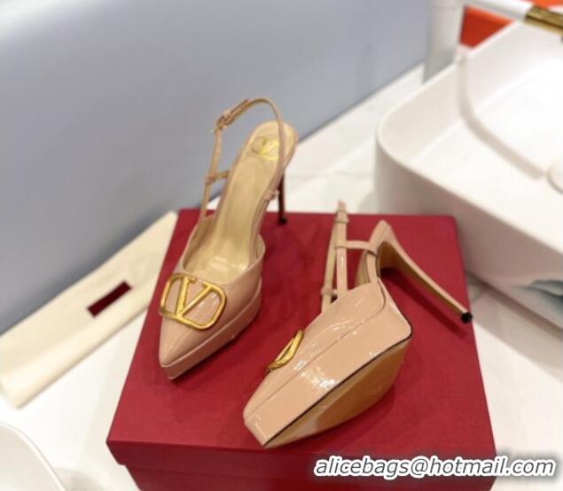 Shop Duplicate Valentino VLogo Platform Slingback Pumps 12cm in Beige Patent Leather 426141