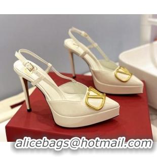 Good Quality Valentino VLogo Platform Slingback Pumps 12cm in White Patent Leather 426142