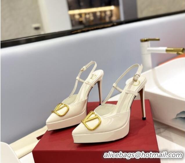 Good Quality Valentino VLogo Platform Slingback Pumps 12cm in White Patent Leather 426142