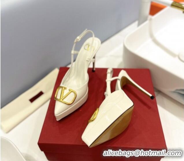 Good Quality Valentino VLogo Platform Slingback Pumps 12cm in White Patent Leather 426142