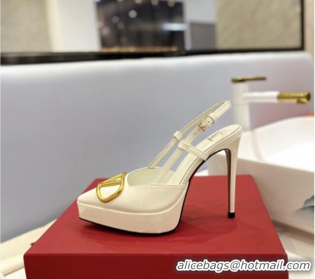 Good Quality Valentino VLogo Platform Slingback Pumps 12cm in White Patent Leather 426142