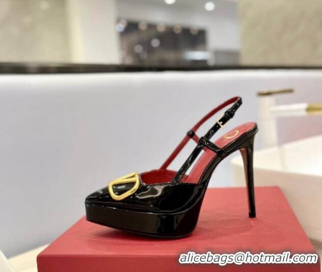 Best Grade Valentino VLogo Platform Slingback Pumps 12cm in Black Patent Leather 0426143