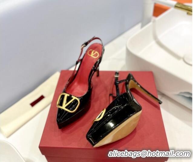 Best Grade Valentino VLogo Platform Slingback Pumps 12cm in Black Patent Leather 0426143