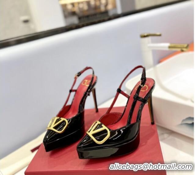 Best Grade Valentino VLogo Platform Slingback Pumps 12cm in Black Patent Leather 0426143