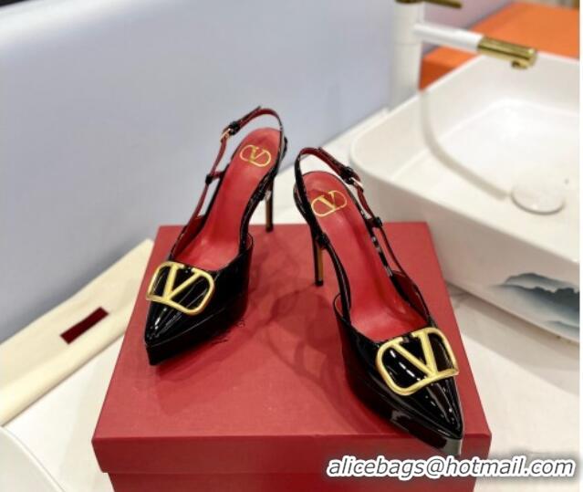 Best Grade Valentino VLogo Platform Slingback Pumps 12cm in Black Patent Leather 0426143