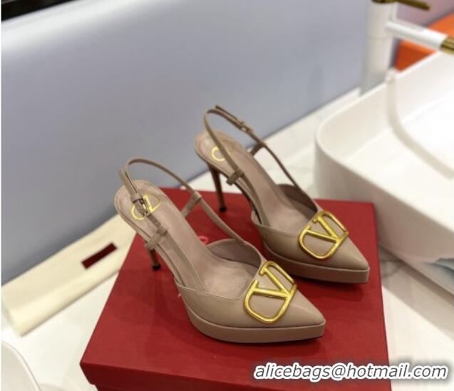 Low Price Valentino Metal VLogo Lambskin Platform Slingback Pumps 12cm Beige 426144