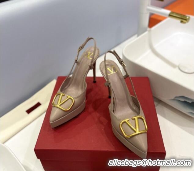 Low Price Valentino Metal VLogo Lambskin Platform Slingback Pumps 12cm Beige 426144