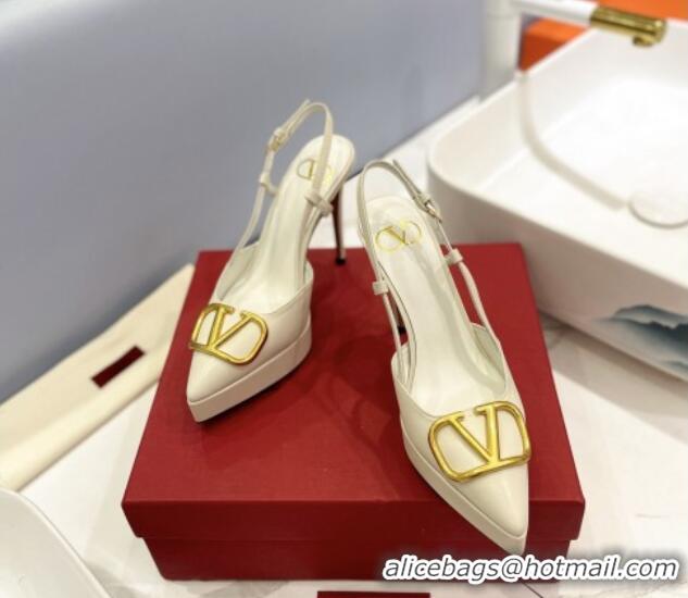 Classic Hot Valentino Metal VLogo Lambskin Platform Slingback Pumps 12cm White 426145