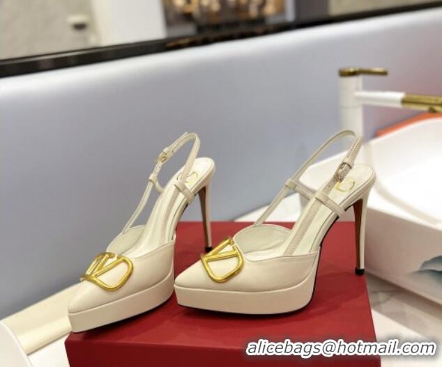 Classic Hot Valentino Metal VLogo Lambskin Platform Slingback Pumps 12cm White 426145