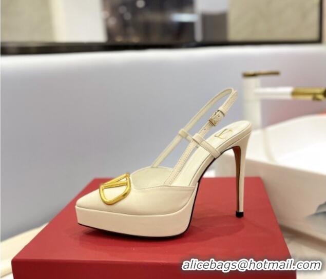 Classic Hot Valentino Metal VLogo Lambskin Platform Slingback Pumps 12cm White 426145