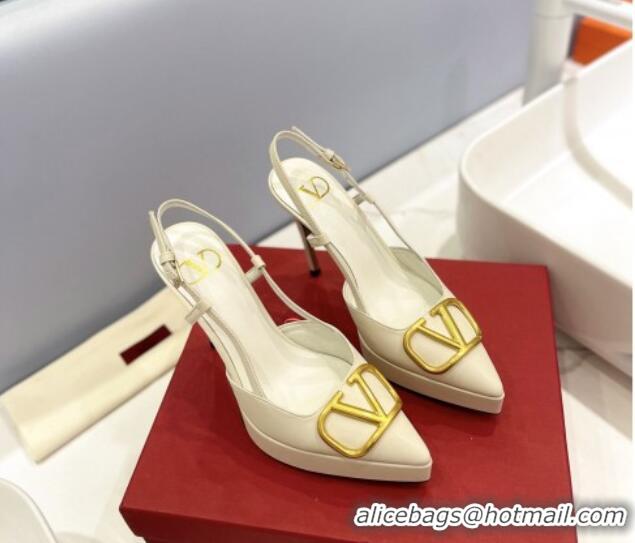 Classic Hot Valentino Metal VLogo Lambskin Platform Slingback Pumps 12cm White 426145