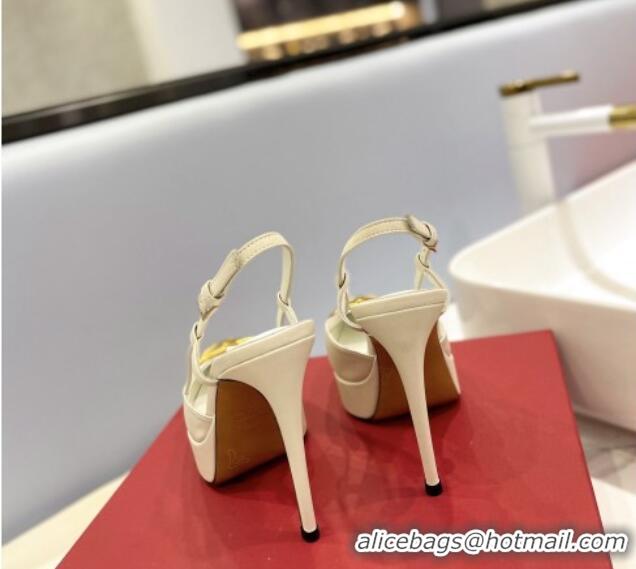 Classic Hot Valentino Metal VLogo Lambskin Platform Slingback Pumps 12cm White 426145