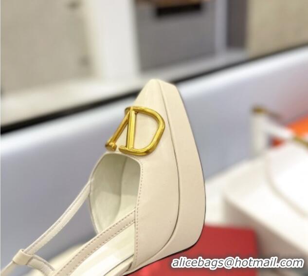 Classic Hot Valentino Metal VLogo Lambskin Platform Slingback Pumps 12cm White 426145