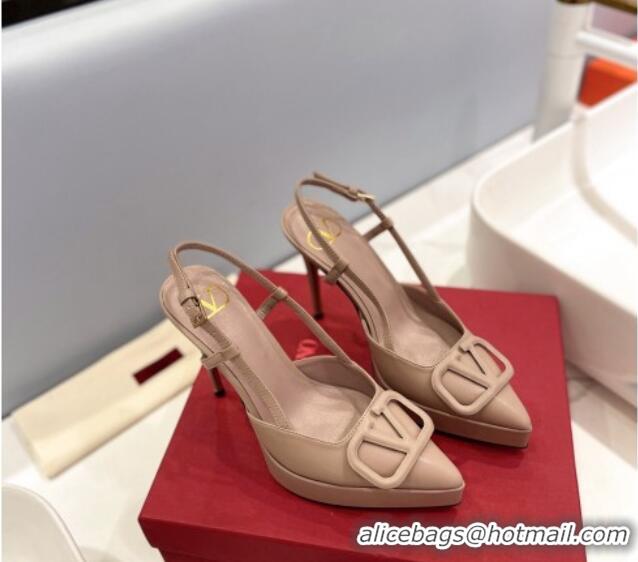 Sophisticated Valentino VLogo Calf Leather Platform Slingback Pumps 12cm Nude 426147