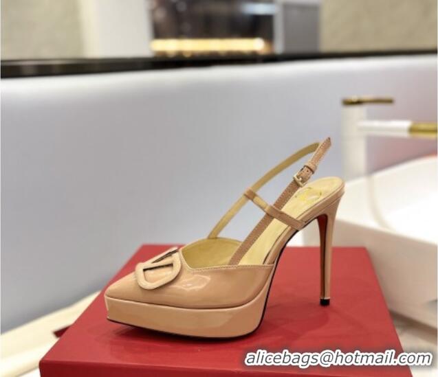 Sumptuous Valentino VLogo Platform Slingback Pumps 12cm in Patent Leather Beige 0426148