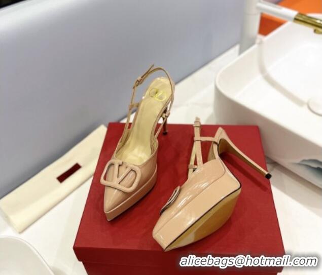 Sumptuous Valentino VLogo Platform Slingback Pumps 12cm in Patent Leather Beige 0426148