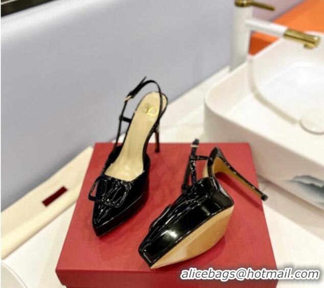 Low Cost Valentino VLogo Platform Slingback Pumps 12cm in Patent Leather Black 426149