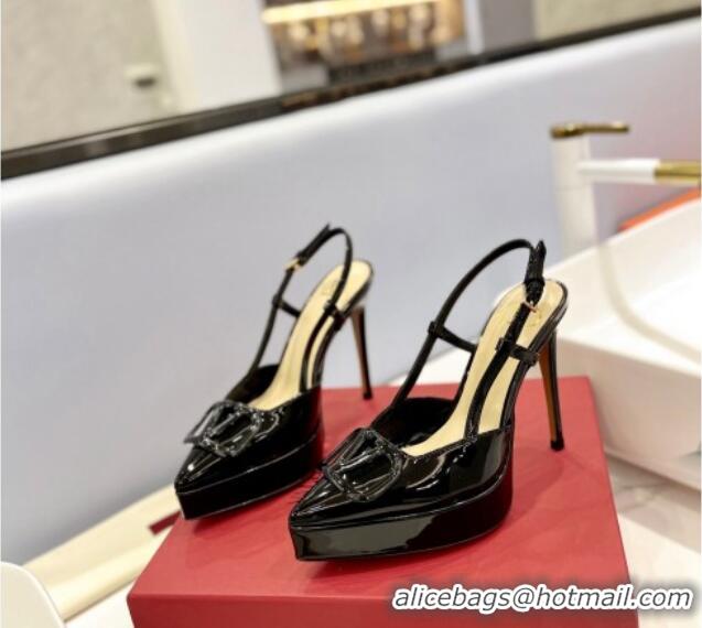 Low Cost Valentino VLogo Platform Slingback Pumps 12cm in Patent Leather Black 426149