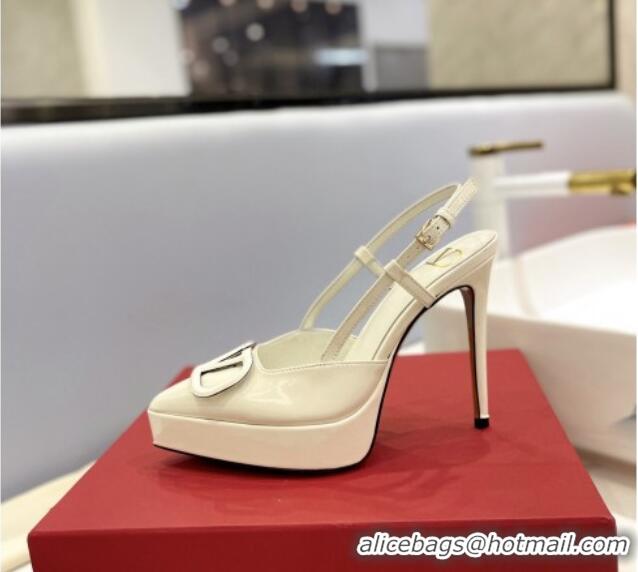 Top Design Valentino VLogo Platform Slingback Pumps 12cm in Patent Leather White 426150