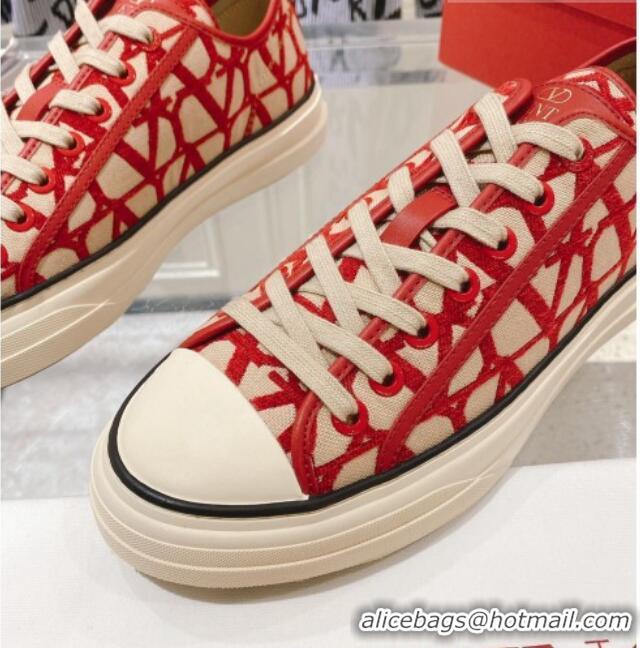 Good Quality Valentino Toile Iconographe Fabric Low-top Sneakers Beige/Red 427002