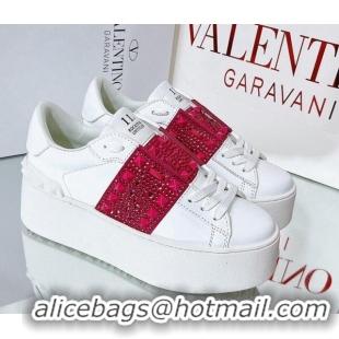 Hot Style Valentino Flatform Rockstud Untitled Sneakers with Red Crystal Stripe in White Calfskin 427004