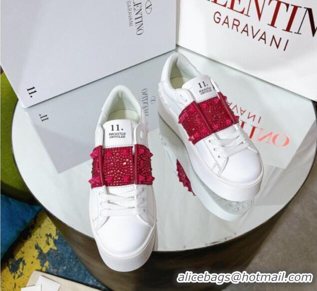 Hot Style Valentino Flatform Rockstud Untitled Sneakers with Red Crystal Stripe in White Calfskin 427004