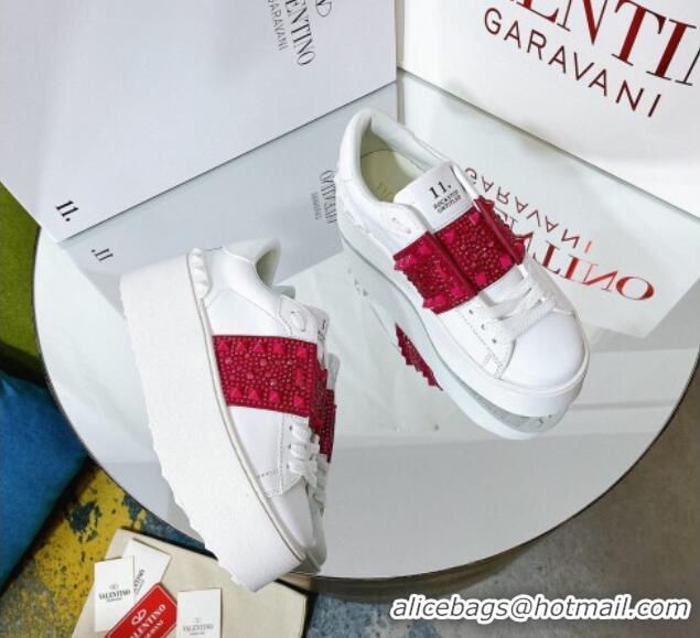 Hot Style Valentino Flatform Rockstud Untitled Sneakers with Red Crystal Stripe in White Calfskin 427004