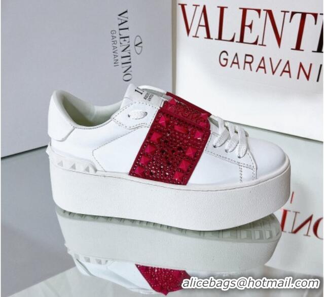 Hot Style Valentino Flatform Rockstud Untitled Sneakers with Red Crystal Stripe in White Calfskin 427004