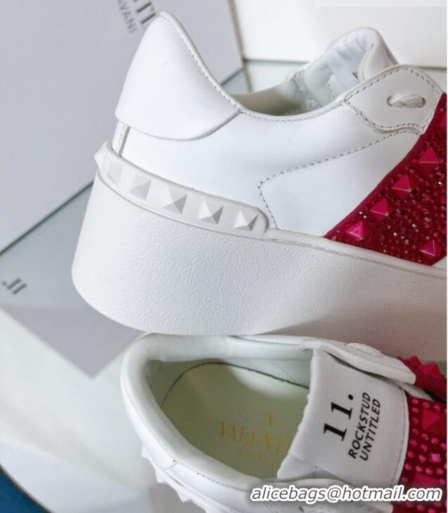 Hot Style Valentino Flatform Rockstud Untitled Sneakers with Red Crystal Stripe in White Calfskin 427004