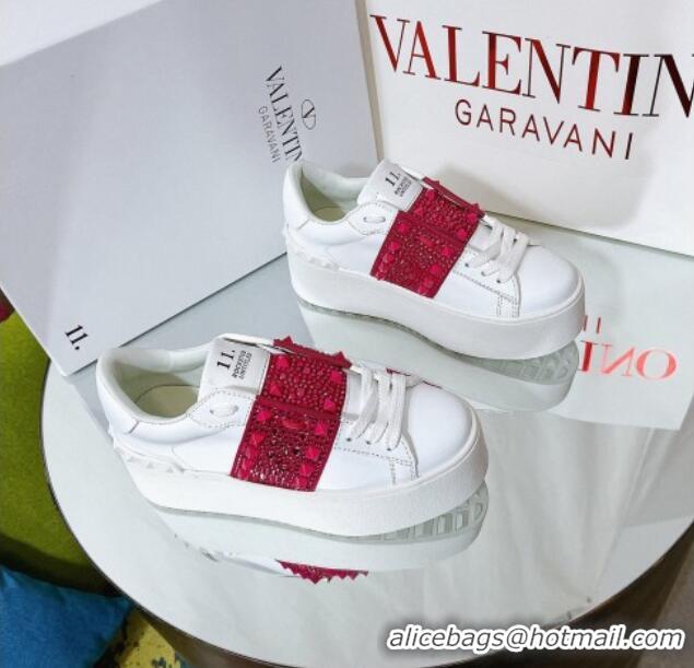 Hot Style Valentino Flatform Rockstud Untitled Sneakers with Red Crystal Stripe in White Calfskin 427004