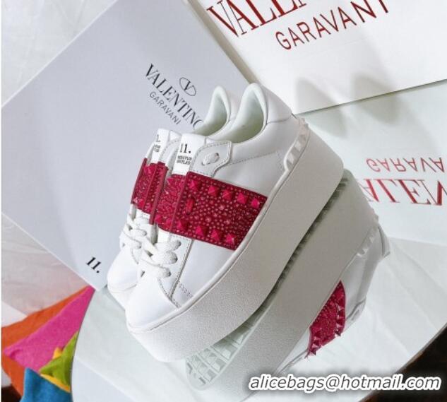 Hot Style Valentino Flatform Rockstud Untitled Sneakers with Red Crystal Stripe in White Calfskin 427004