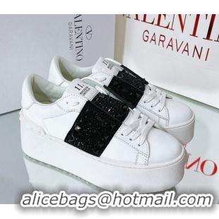 Best Grade Valentino Flatform Rockstud Untitled Sneakers with Black Stripe in White Calfskin 0427005