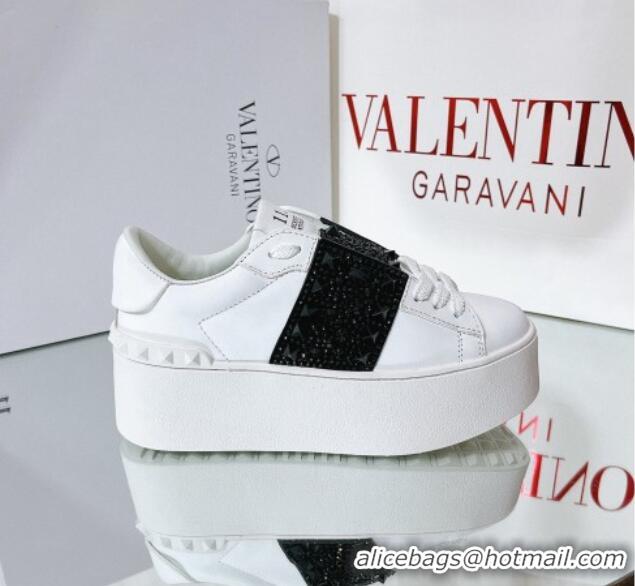 Best Grade Valentino Flatform Rockstud Untitled Sneakers with Black Stripe in White Calfskin 0427005