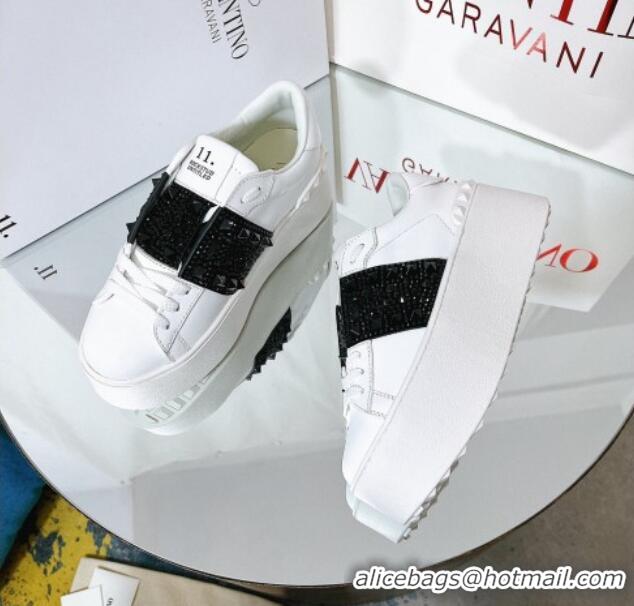 Best Grade Valentino Flatform Rockstud Untitled Sneakers with Black Stripe in White Calfskin 0427005